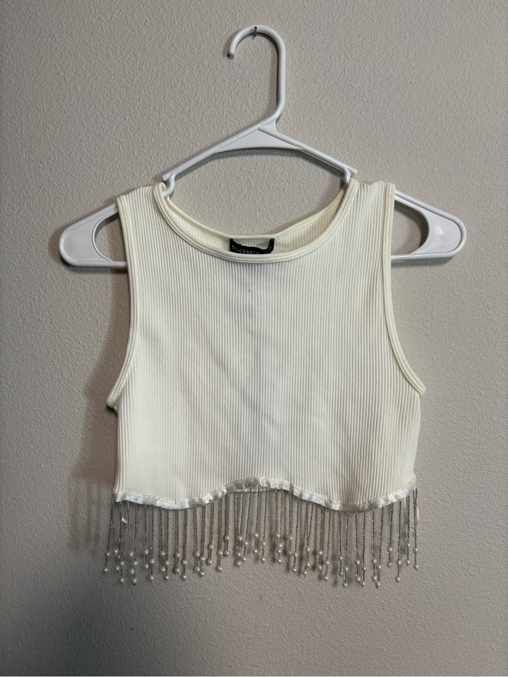 Sincerely Jules Ivory Ribbed Beaded Fringe Crop Top